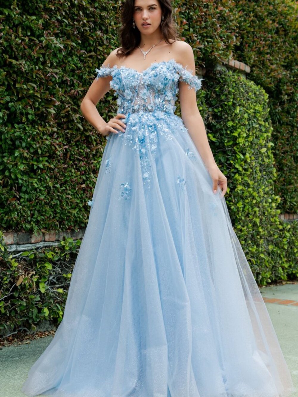 NEW BLUE Tulle & Lace Illusion Neckline Evening Gown With Slit 8403J